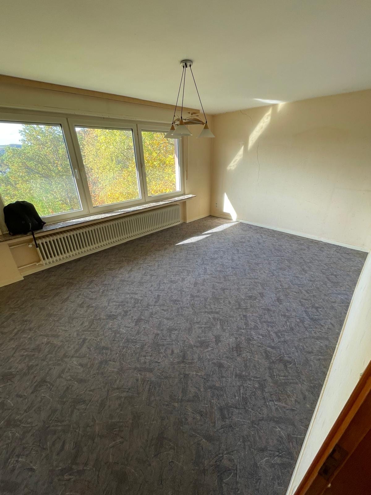 Dasselbe Wohnzimmer nach der Auflösung: leer, grauer Teppichboden, Blick durch die Fensterfront ins Grüne
