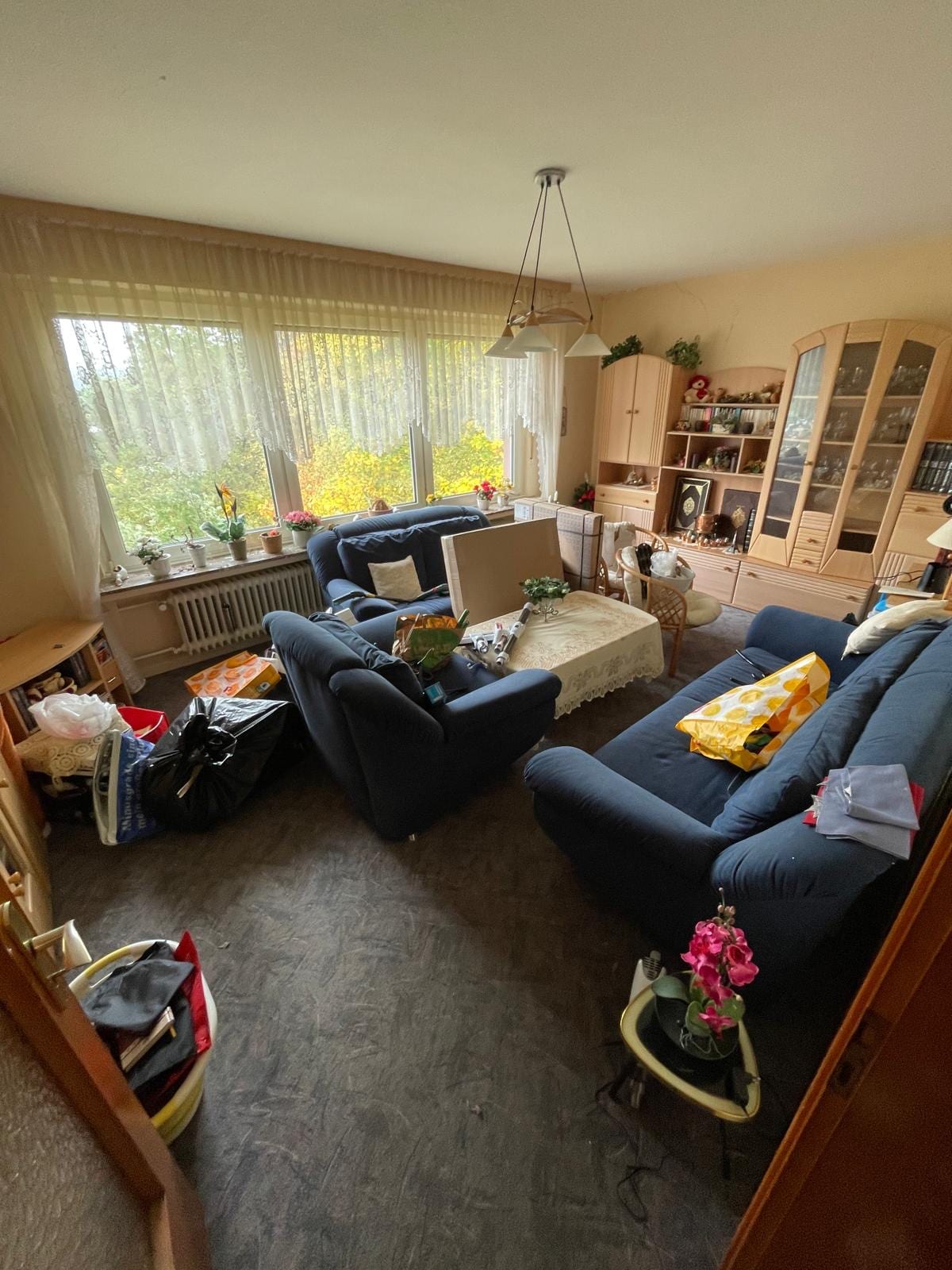 Wohnzimmer vor der Auflösung: blaue Polstermöbel, Schrankwand mit Vitrine, Tüten und Pflanzen